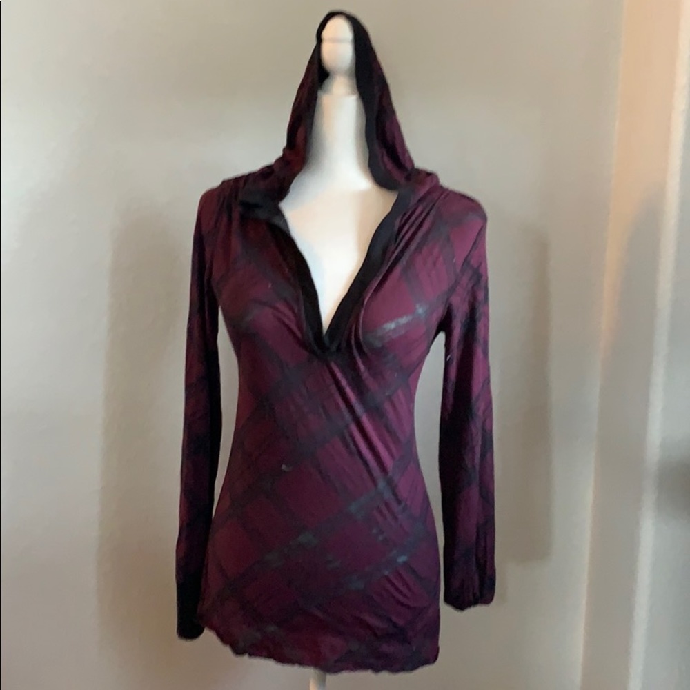 Arden B Maroon and Black Plaid Top